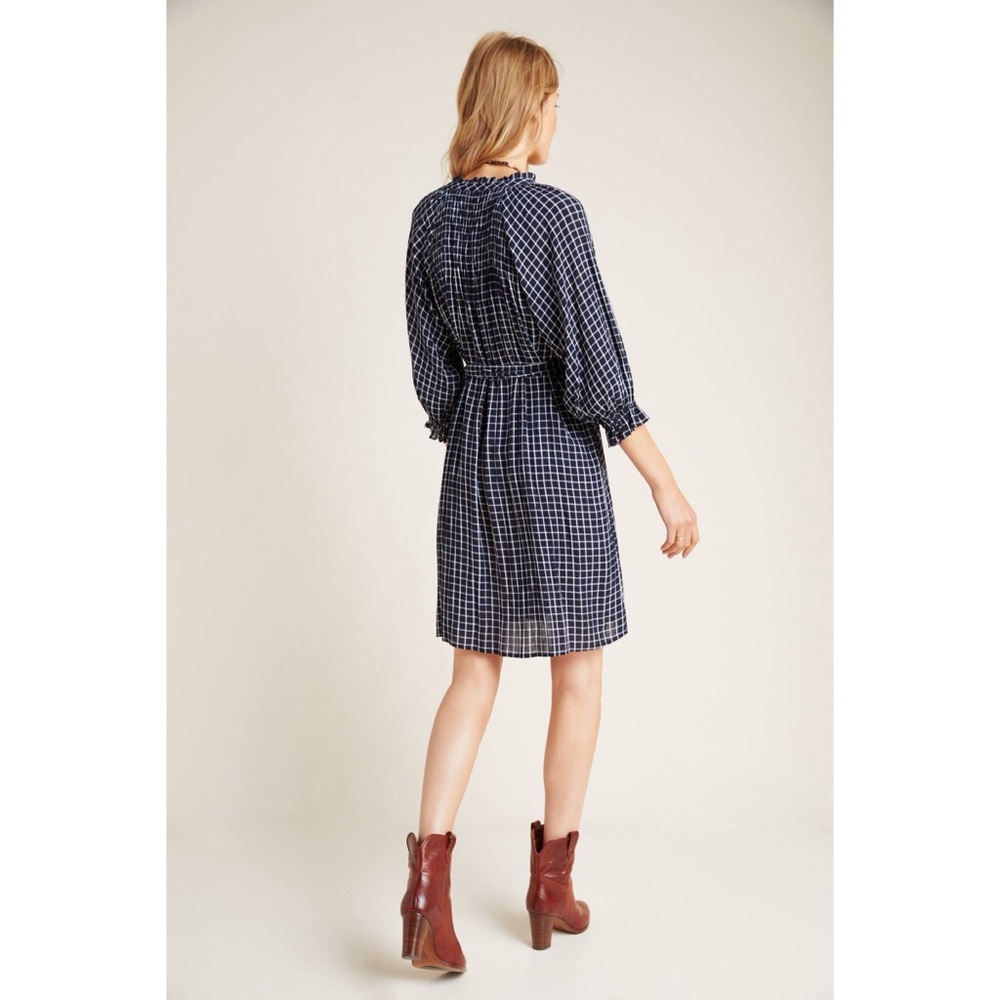 Anthropologie Maeve Sara‎ Smocked Shirt Dress Navy Blue Plaid Button Down XS - Picture 11 of 13
